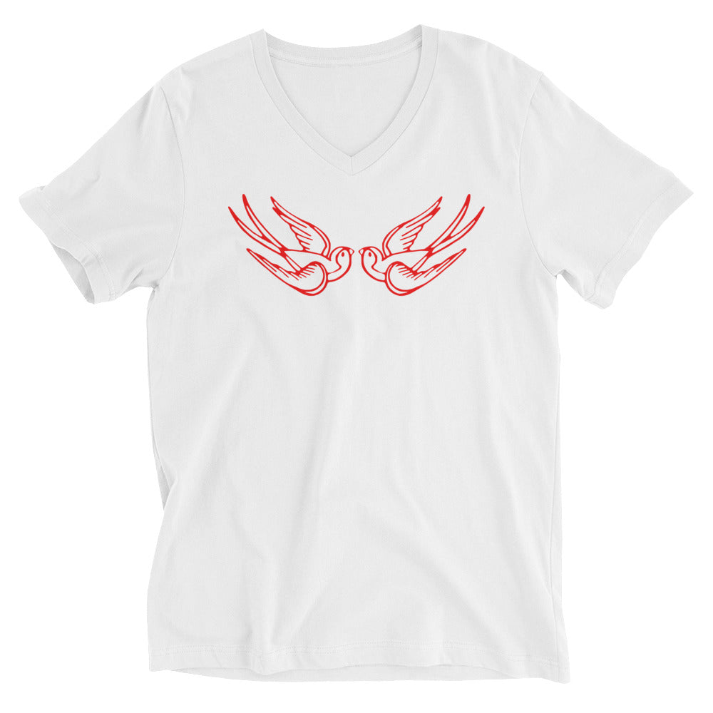 Red Falling Sparrows Tattoo Style Bird Short Sleeve V-Neck T-Shirt