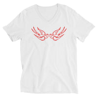 Red Falling Sparrows design on unisex V-neck shirt, front view