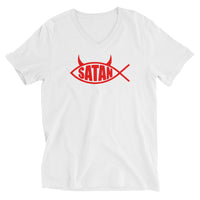 Red Satan Fish design on unisex V-neck shirt, front view