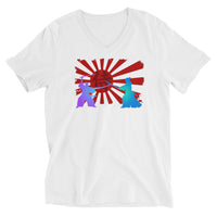 Samurai Duel Rising Sun design on unisex V-neck shirt, front view