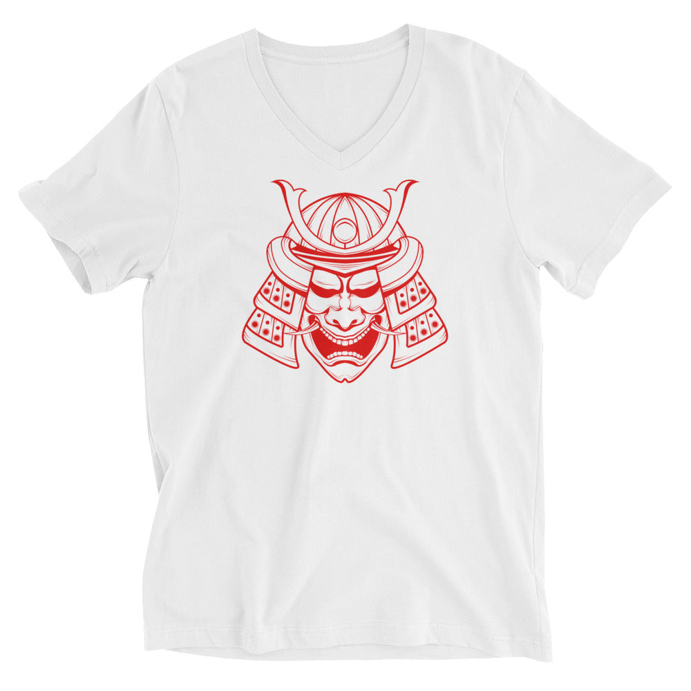 Red Samurai Warrior Kabuto Mempo Mask Short Sleeve V-Neck T-Shirt