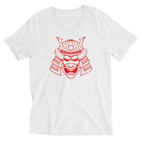 Red Samurai Kabuto Mask design on unisex V-neck shirt, front view