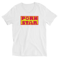 Yellow Red Porn Star Logo design on unisex V-neck shirt, front view