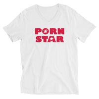 Red Porn Star Logo design on unisex V-neck shirt, front view