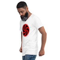 Red Deadly Swirl design on unisex V-neck shirt, left-front view