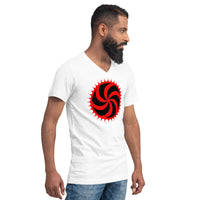 Red Deadly Swirl design on unisex V-neck shirt, right-front view