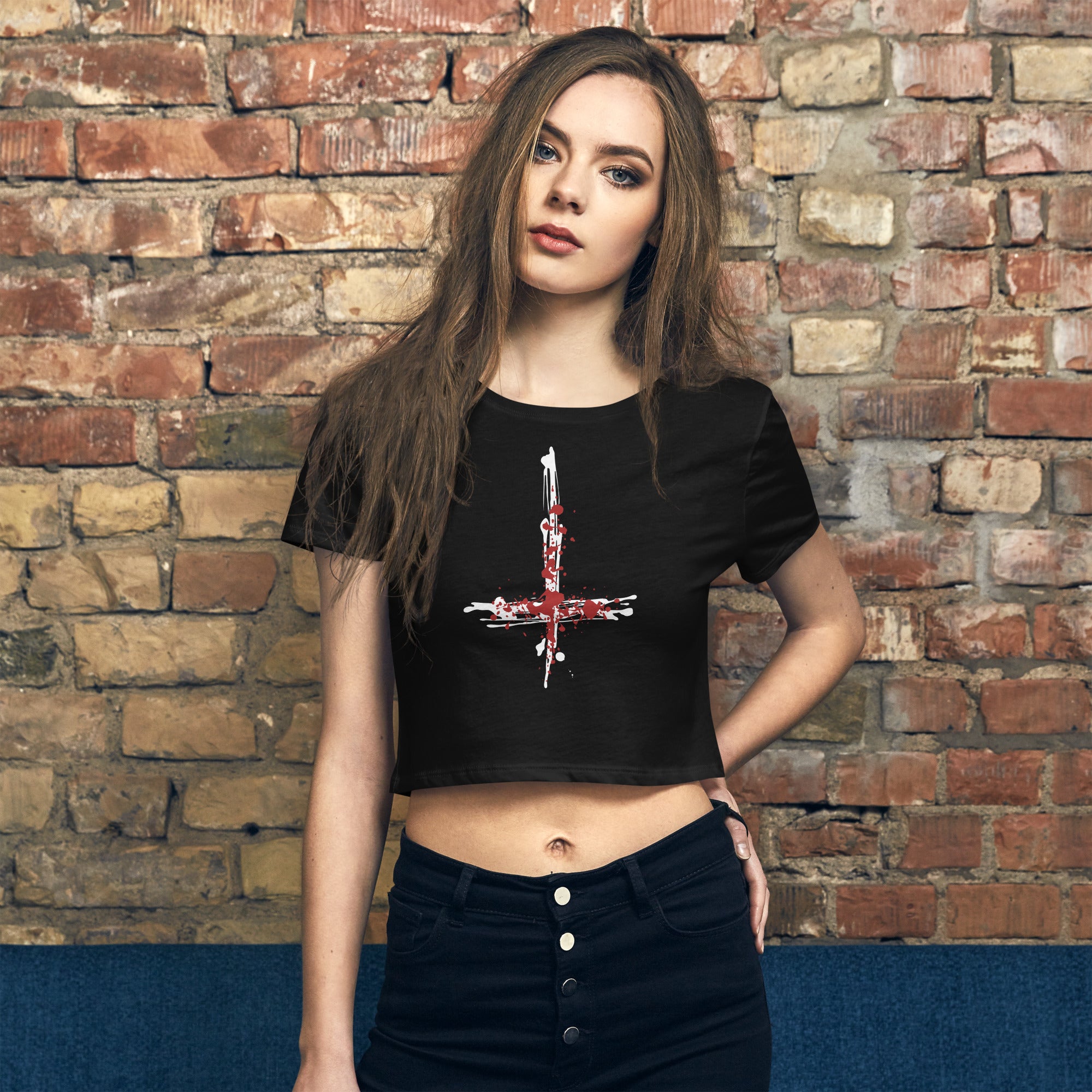Inverted Cross Blood of Christ Women’s Crop Tee Shirt - Edge of Life Designs