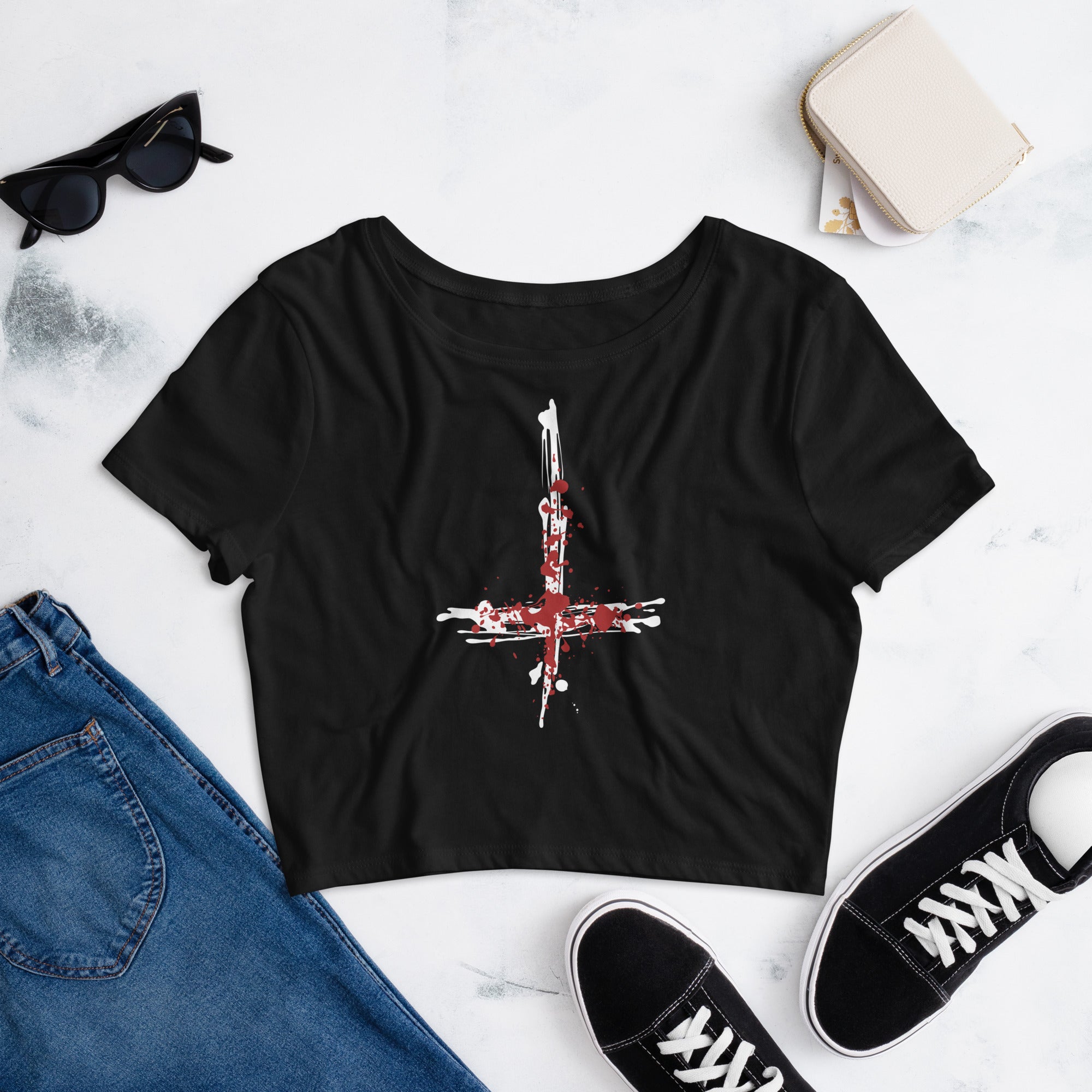 Inverted Cross Blood of Christ Women’s Crop Tee Shirt - Edge of Life Designs