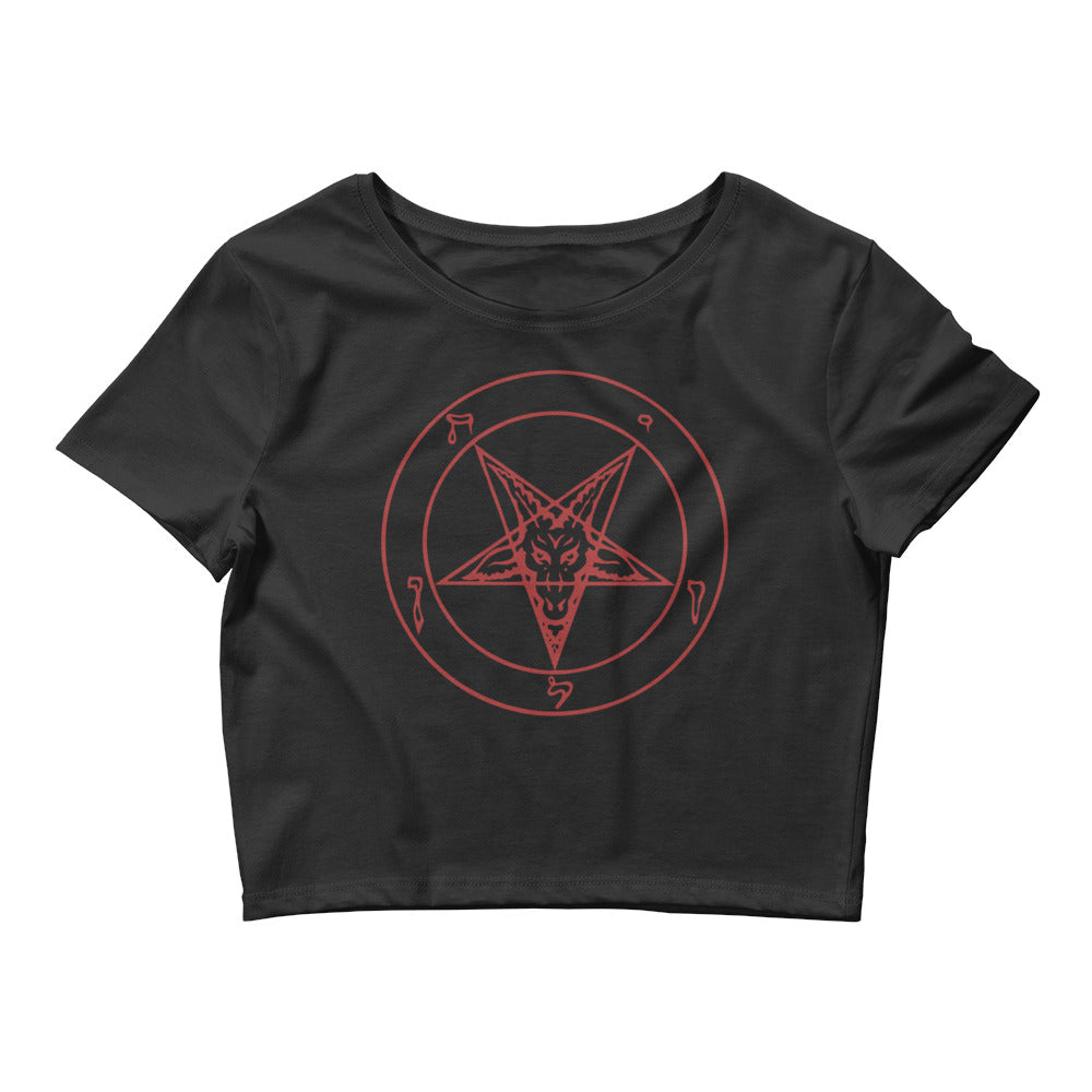 Sigil of Baphomet Insignia of Satan Women’s Crop Tee Shirt Red Print - Edge of Life Designs