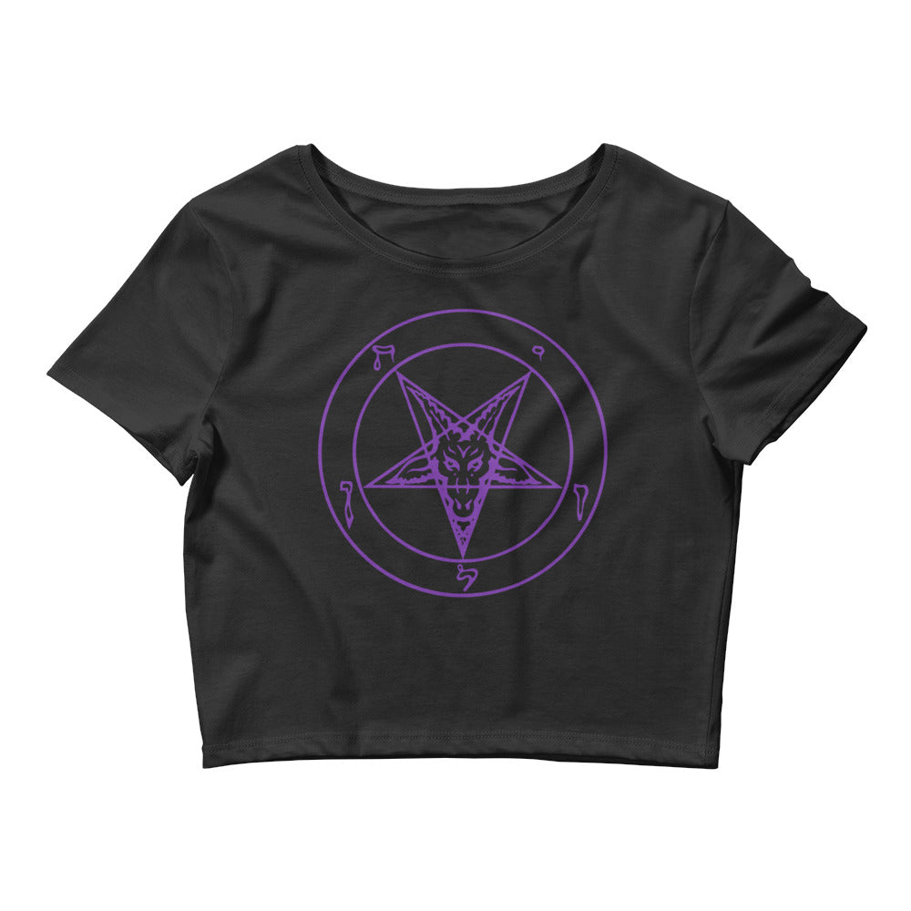 Sigil of Baphomet Insignia of Satan Women’s Crop Tee Shirt Purple Print - Edge of Life Designs