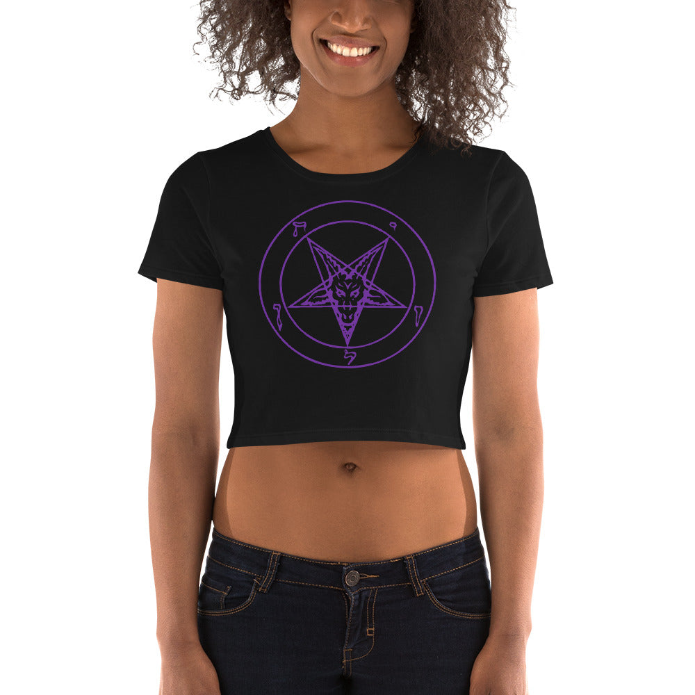 Sigil of Baphomet Insignia of Satan Women’s Crop Tee Shirt Purple Print - Edge of Life Designs