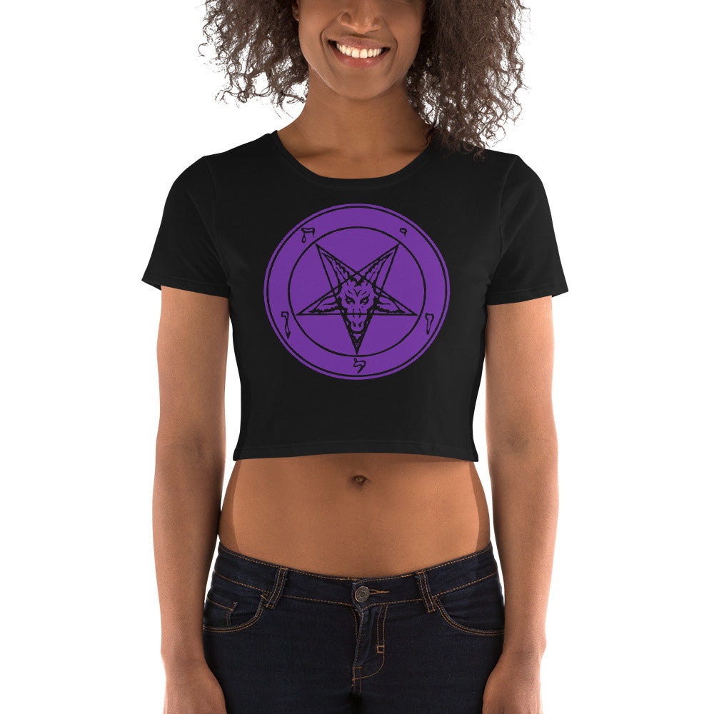 Classic Sigil of Baphomet Goat Head Pentagram Women’s Crop Tee Shirt Purple Print - Edge of Life Designs