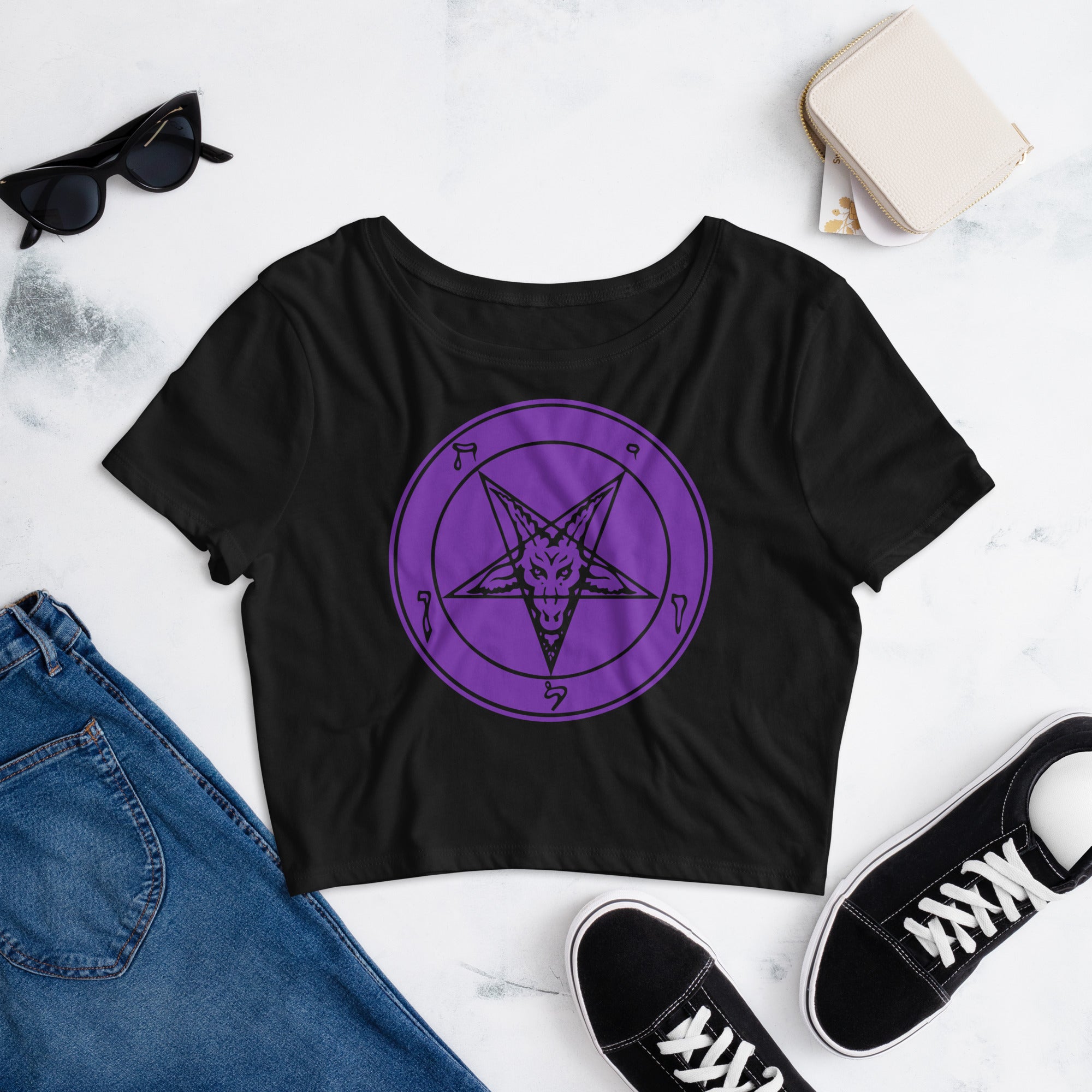 Classic Sigil of Baphomet Goat Head Pentagram Women’s Crop Tee Shirt Purple Print - Edge of Life Designs