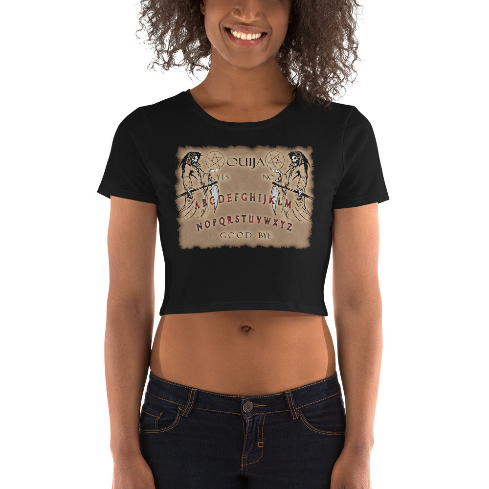 Grim Reaper Ouija Spirit Board for Halloween Horrors Women’s Crop Tee Shirt - Edge of Life Designs