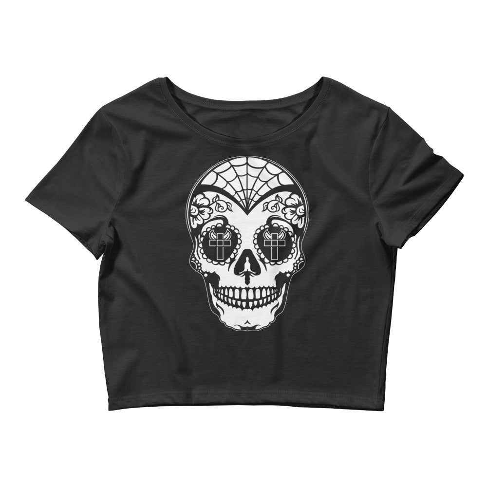 White Sugar Skull Day of the Dead Halloween Women’s Crop Tee - Edge of Life Designs