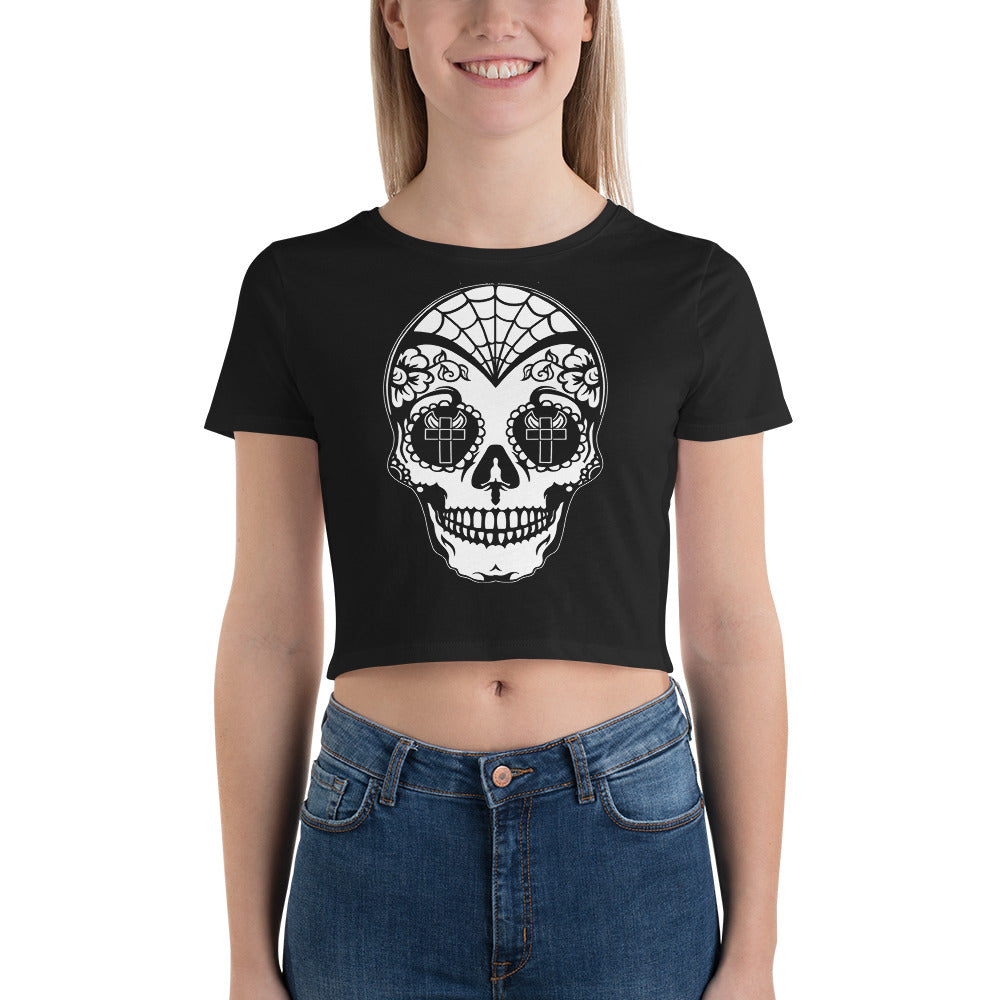 White Sugar Skull Day of the Dead Halloween Women’s Crop Tee - Edge of Life Designs