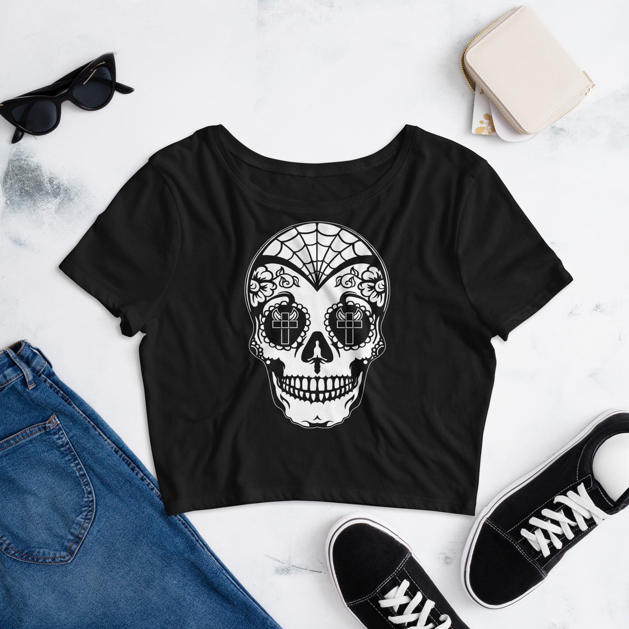 White Sugar Skull Day of the Dead Halloween Women’s Crop Tee - Edge of Life Designs