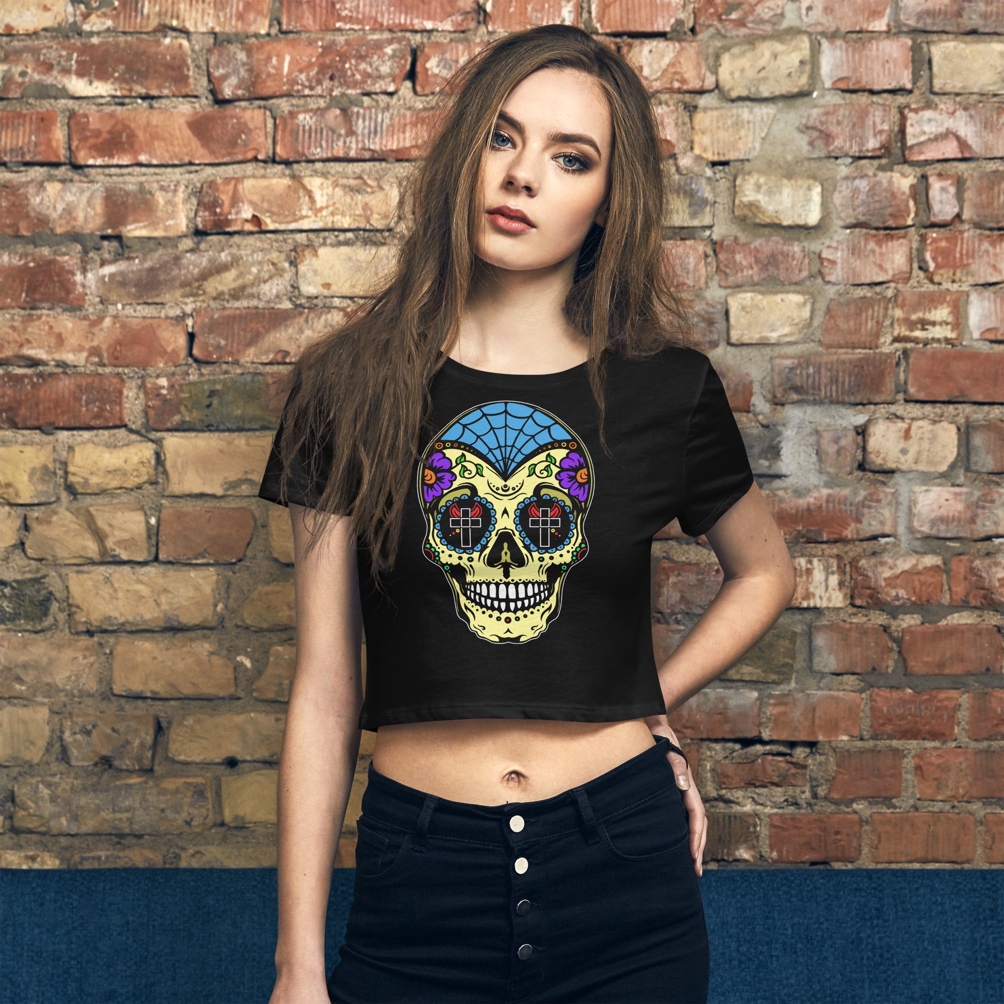 Colorful Sugar Skull Day of the Dead Halloween Women’s Crop Tee - Edge of Life Designs