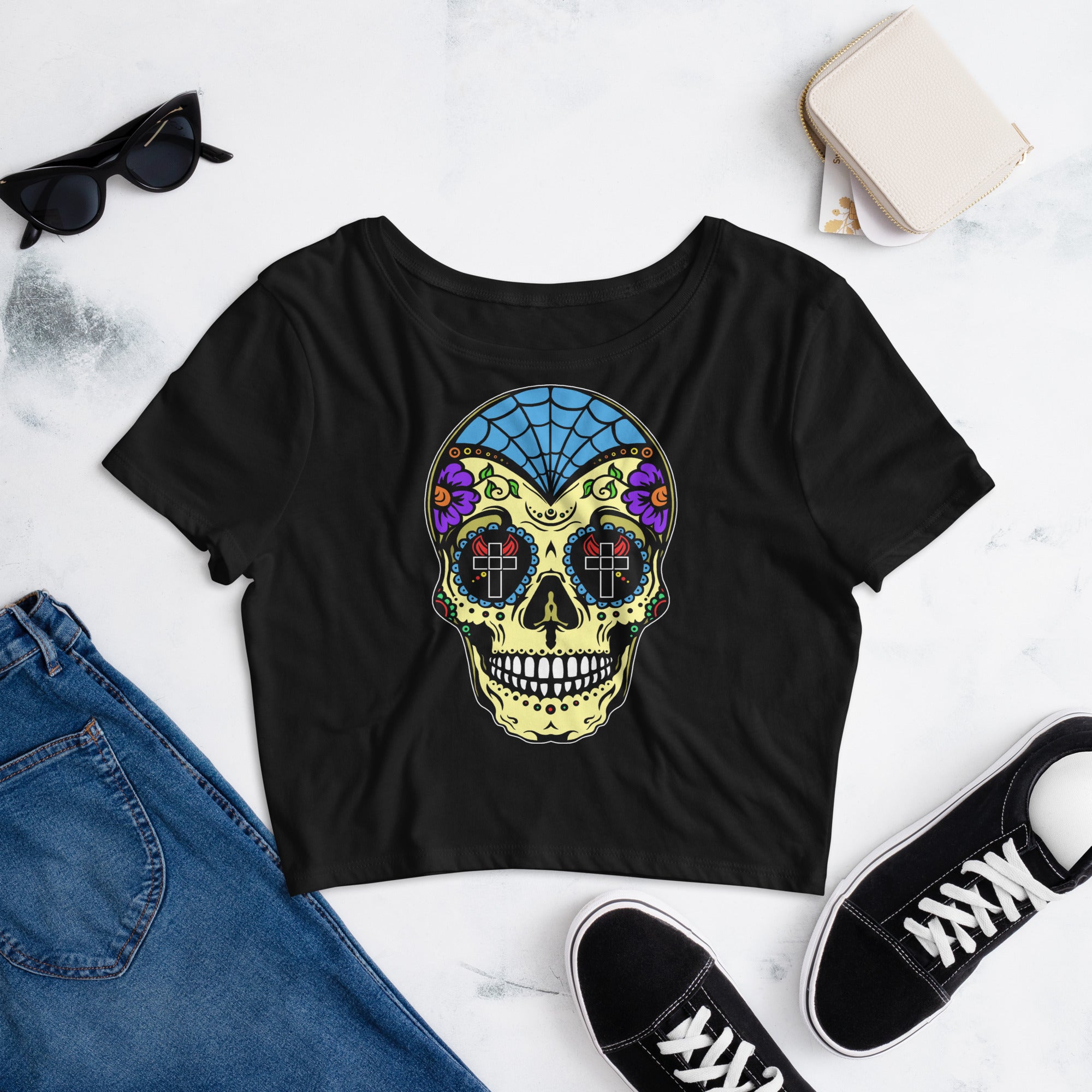 Colorful Sugar Skull Day of the Dead Halloween Women’s Crop Tee - Edge of Life Designs