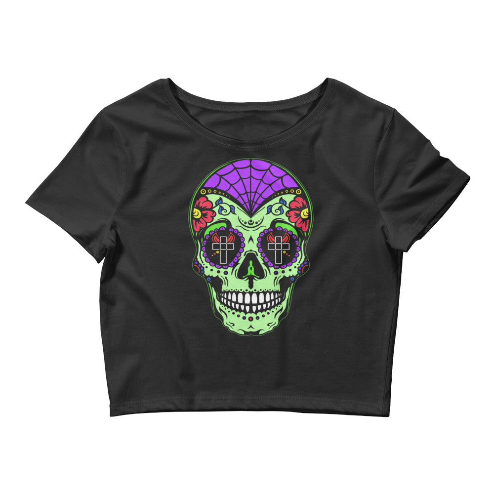 Green Sugar Skull Day of the Dead Halloween Women’s Crop Tee - Edge of Life Designs