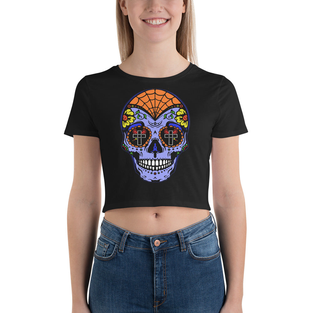 Blue Sugar Skull Day of the Dead Halloween Women’s Crop Tee - Edge of Life Designs