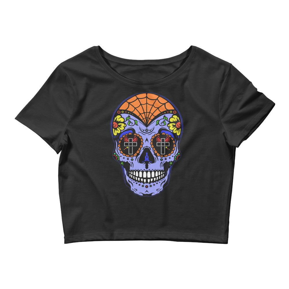 Blue Sugar Skull Day of the Dead Halloween Women’s Crop Tee - Edge of Life Designs