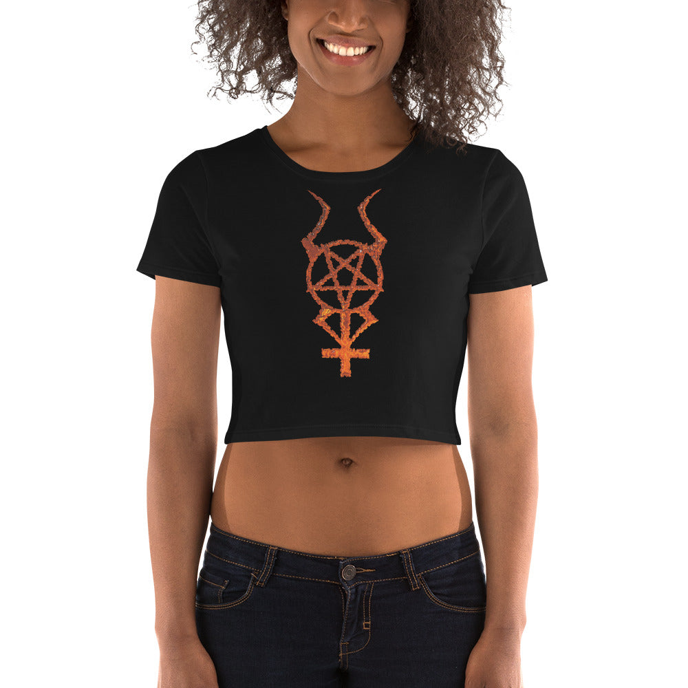 Flame Horned Pentacross Pentagram Cross Women’s Crop Tee - Edge of Life Designs