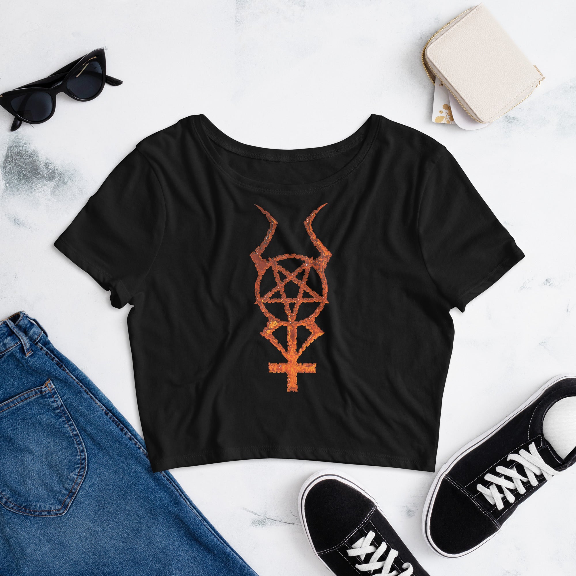 Flame Horned Pentacross Pentagram Cross Women’s Crop Tee - Edge of Life Designs