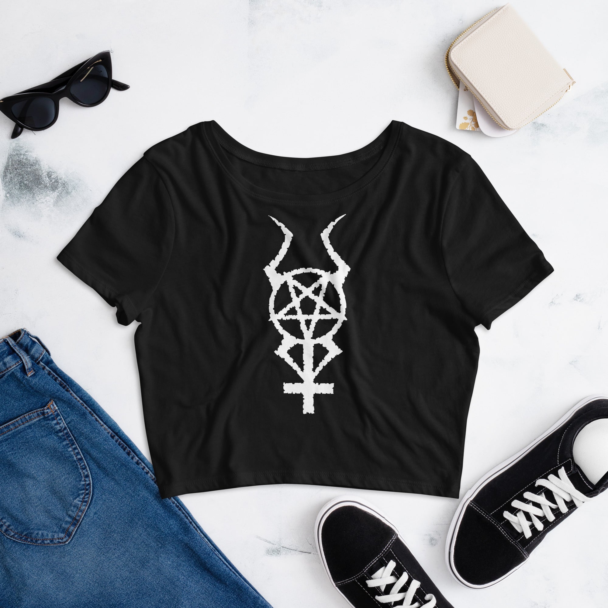 White Horned Pentacross Ritual Pentagram Cross Women’s Crop Tee - Edge of Life Designs