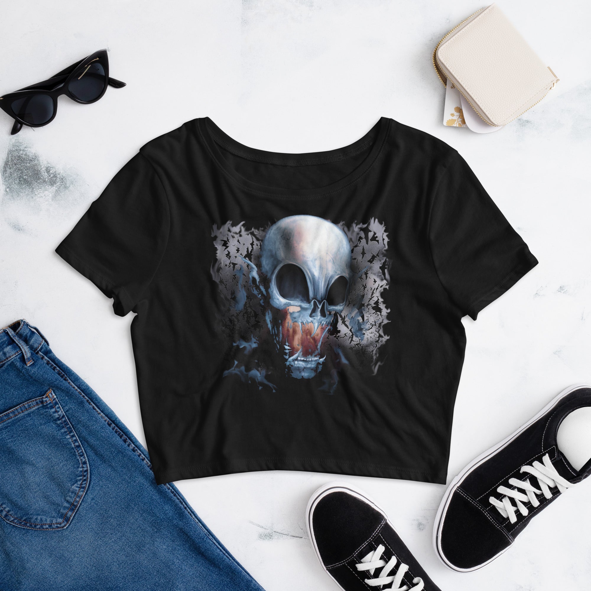 Vampire Demon Skull Melting with Bats  Women’s Crop Tee - Edge of Life Designs