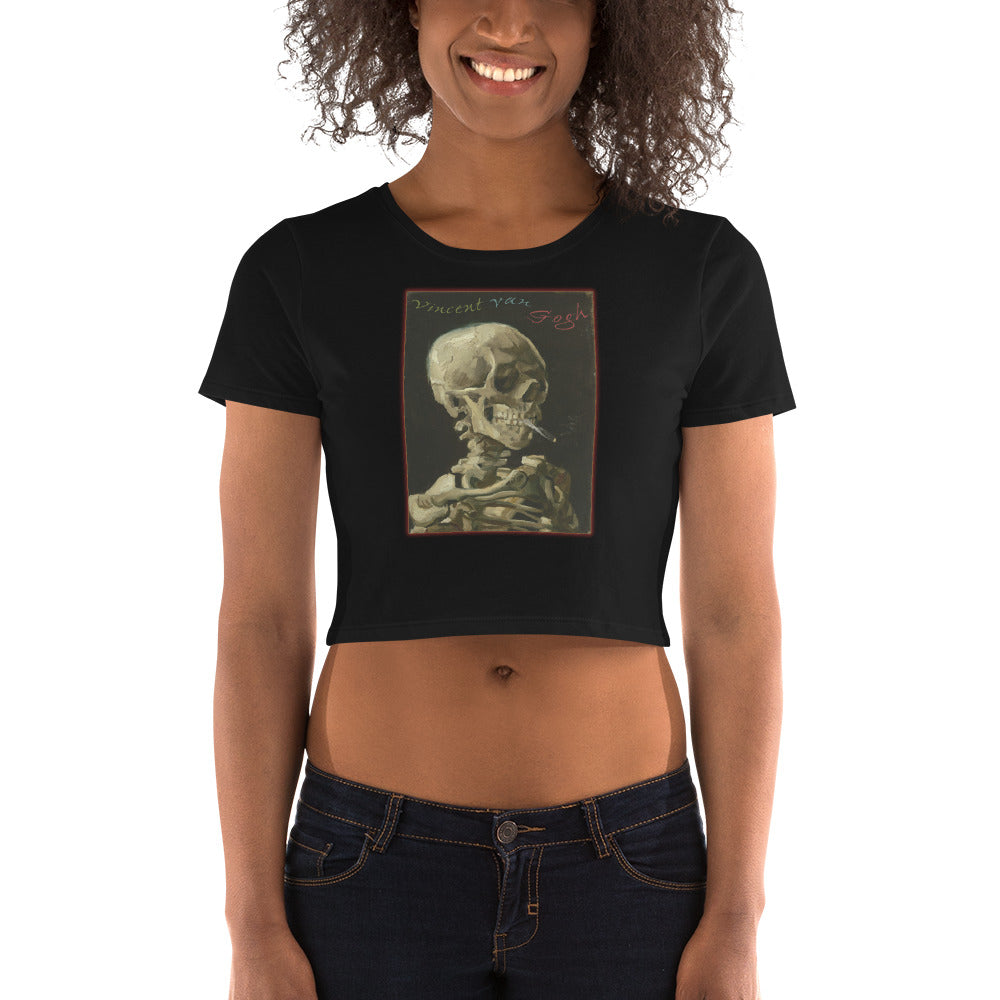 Skull of a Skeleton with Burning Cigarette Vincent Van Gogh Women’s Crop Tee - Edge of Life Designs