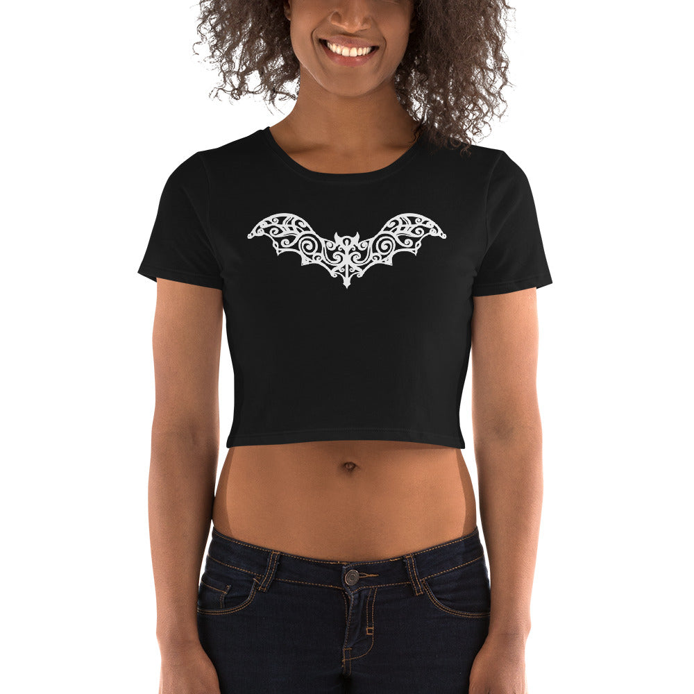 Gothic Wrought Iron Style Vine Bat Women’s Crop Tee White Print - Edge of Life Designs
