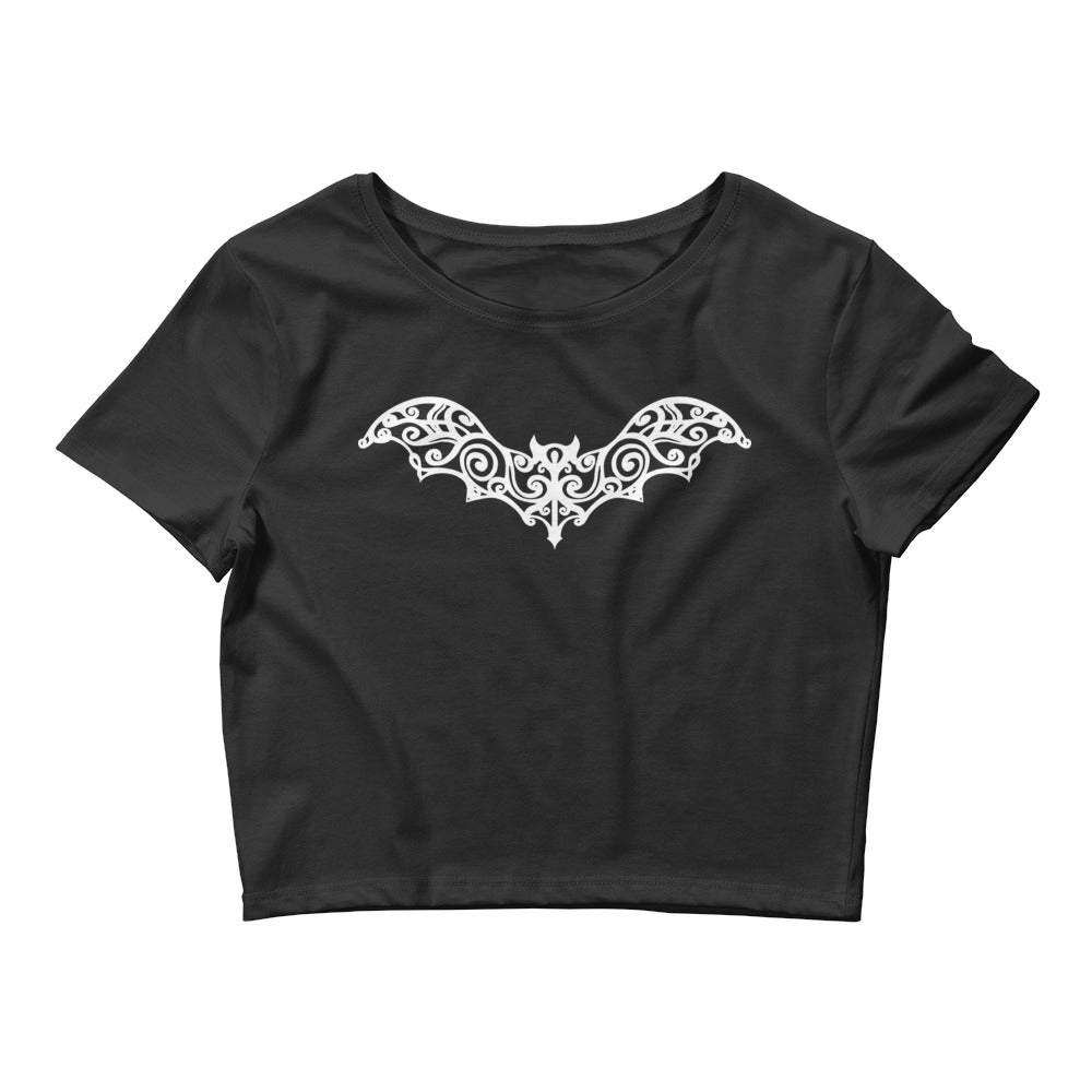 Gothic Wrought Iron Style Vine Bat Women’s Crop Tee White Print - Edge of Life Designs