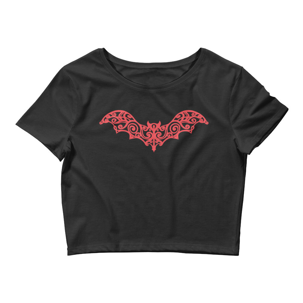 Gothic Wrought Iron Style Vine Bat Women’s Crop Tee Red Print - Edge of Life Designs