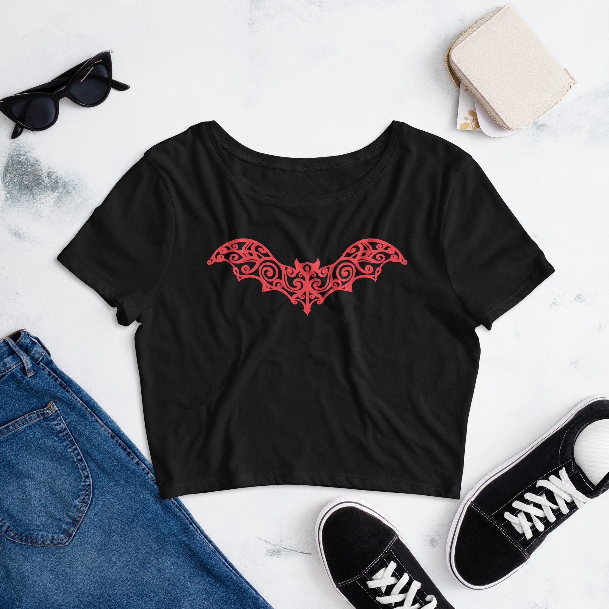 Gothic Wrought Iron Style Vine Bat Women’s Crop Tee Red Print - Edge of Life Designs