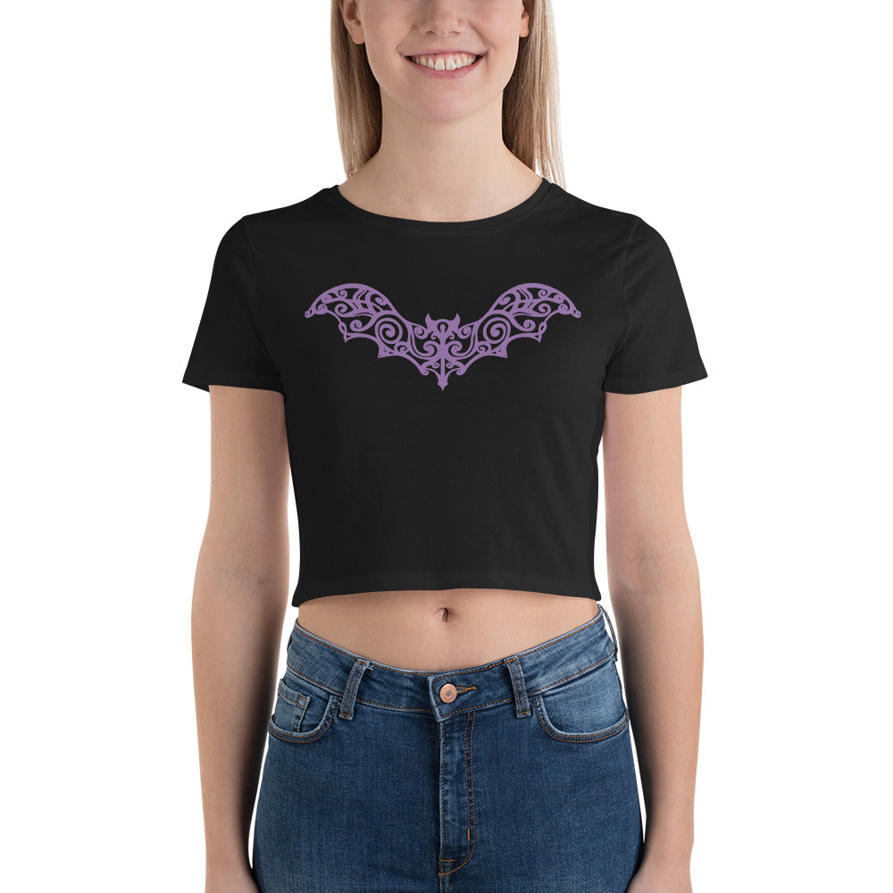 Gothic Wrought Iron Style Vine Bat Women’s Crop Tee Purple Print - Edge of Life Designs
