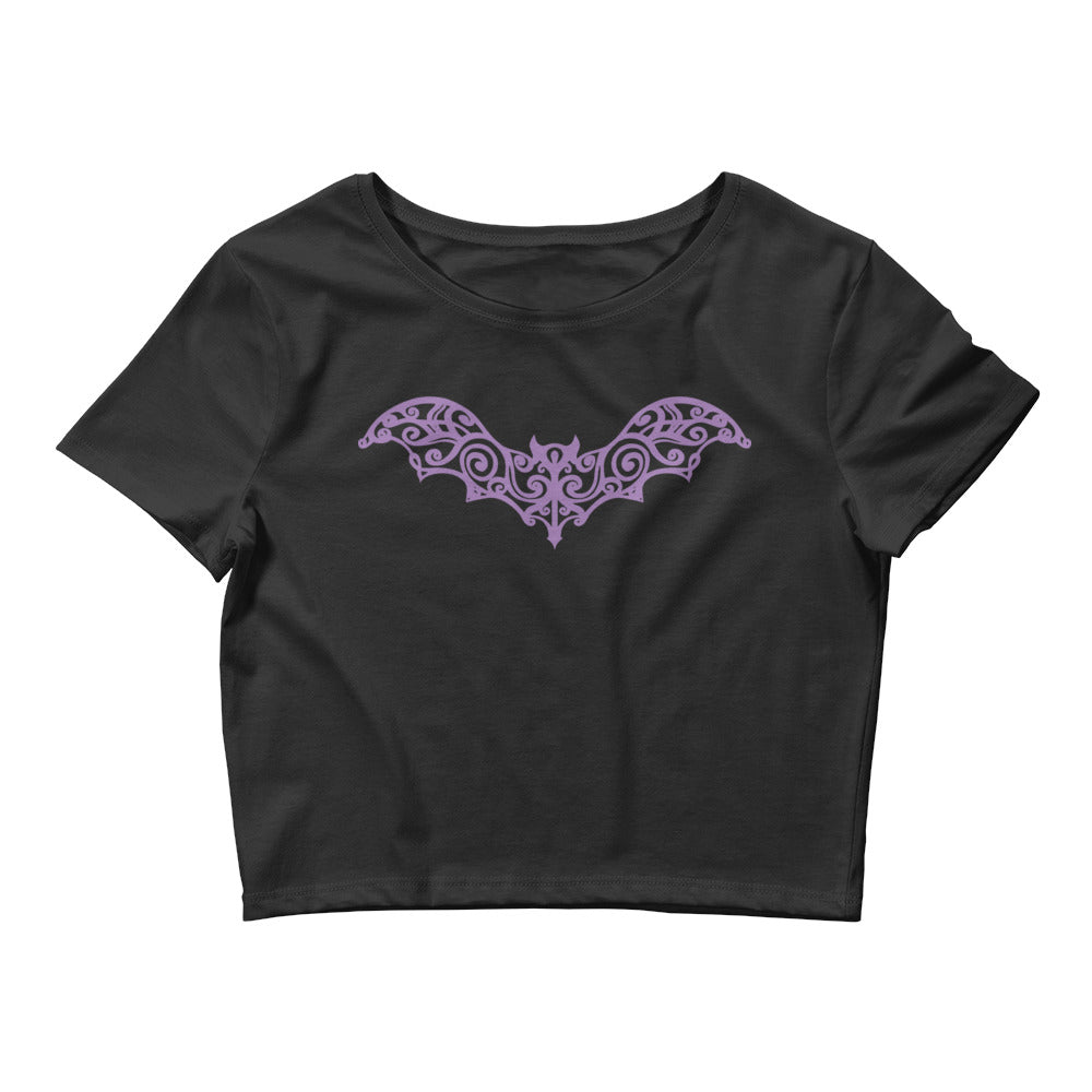 Gothic Wrought Iron Style Vine Bat Women’s Crop Tee Purple Print - Edge of Life Designs