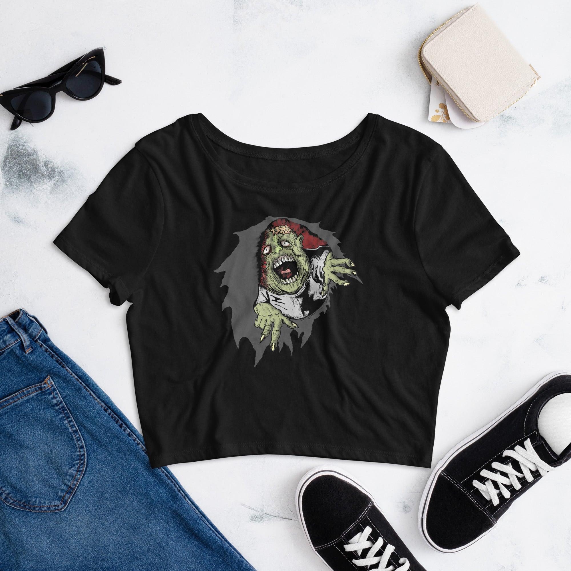 Flesh Eating Zombie Ripping Through Chest Horror Women’s Crop Tee - Edge of Life Designs