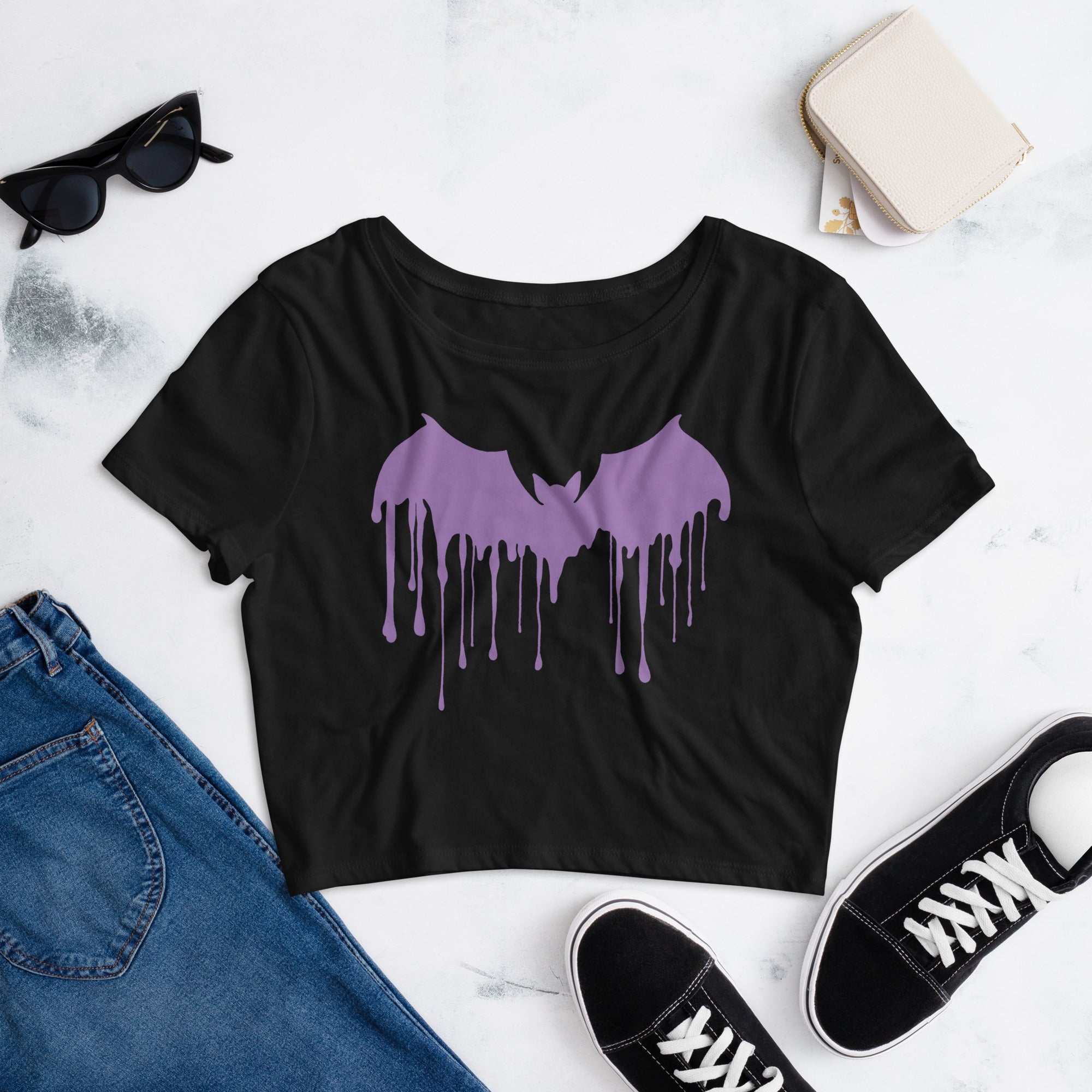 Purple Drip Melting Vampire Bat Women’s Crop Tee - Edge of Life Designs
