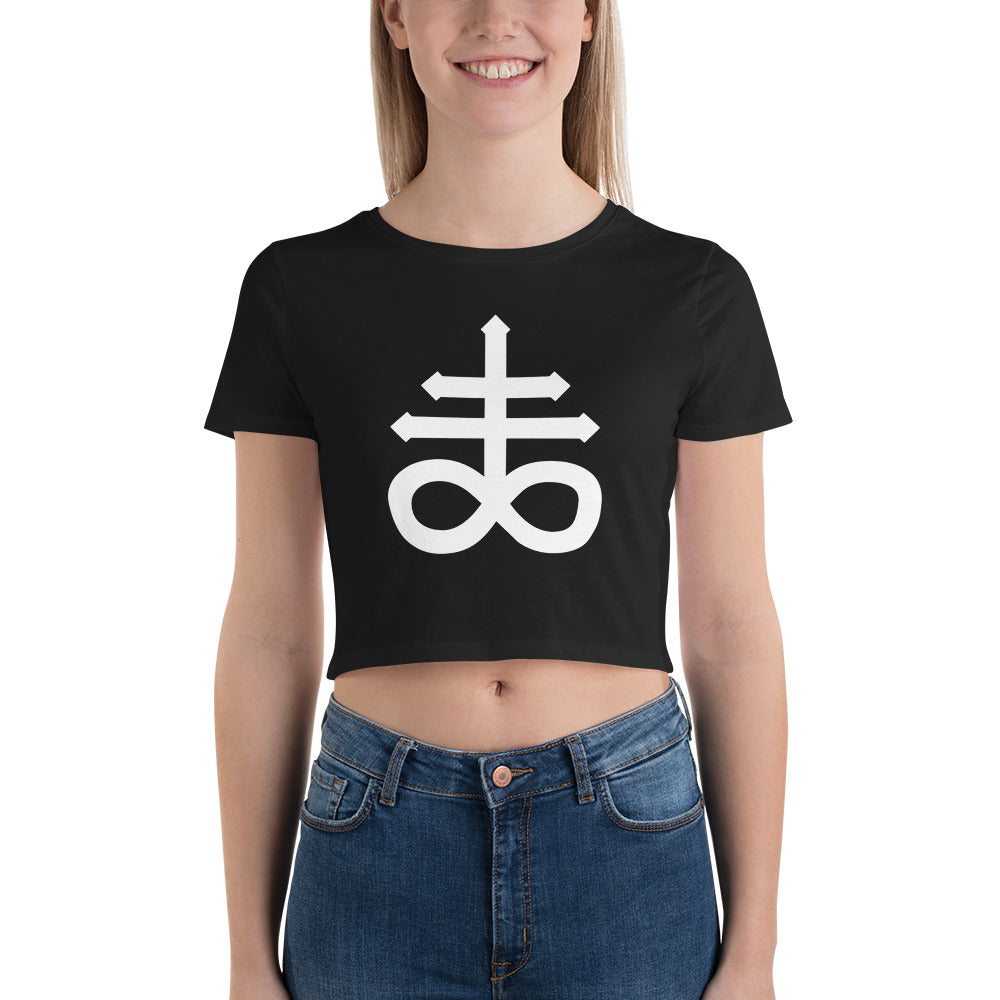 The Leviathan Cross of Satan Occult Symbol Women’s Crop Tee White Print - Edge of Life Designs