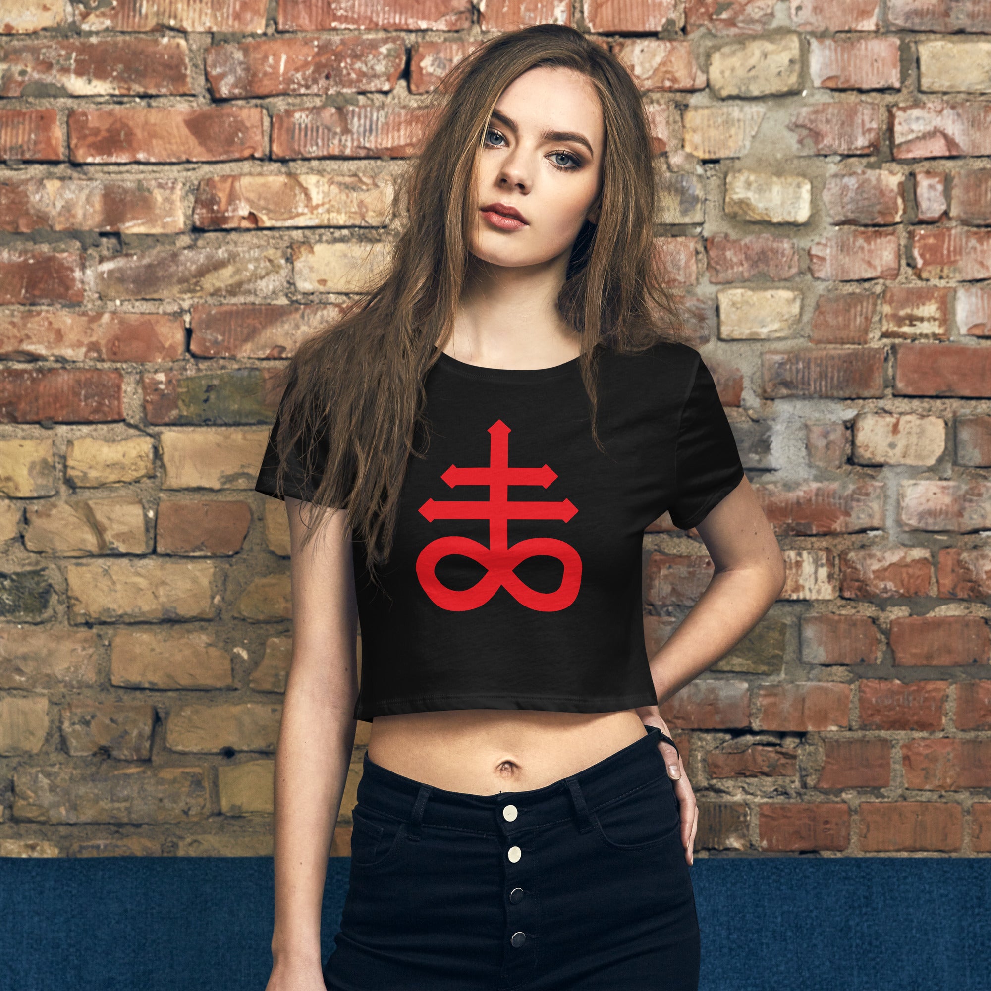 The Leviathan Cross of Satan Occult Symbol Women’s Crop Tee Red Print - Edge of Life Designs