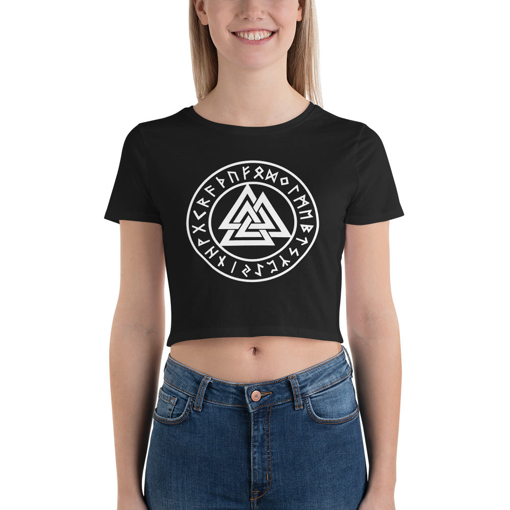 Valknut Symbol with Viking Runes Triangles of Power Women’s Crop Tee - Edge of Life Designs