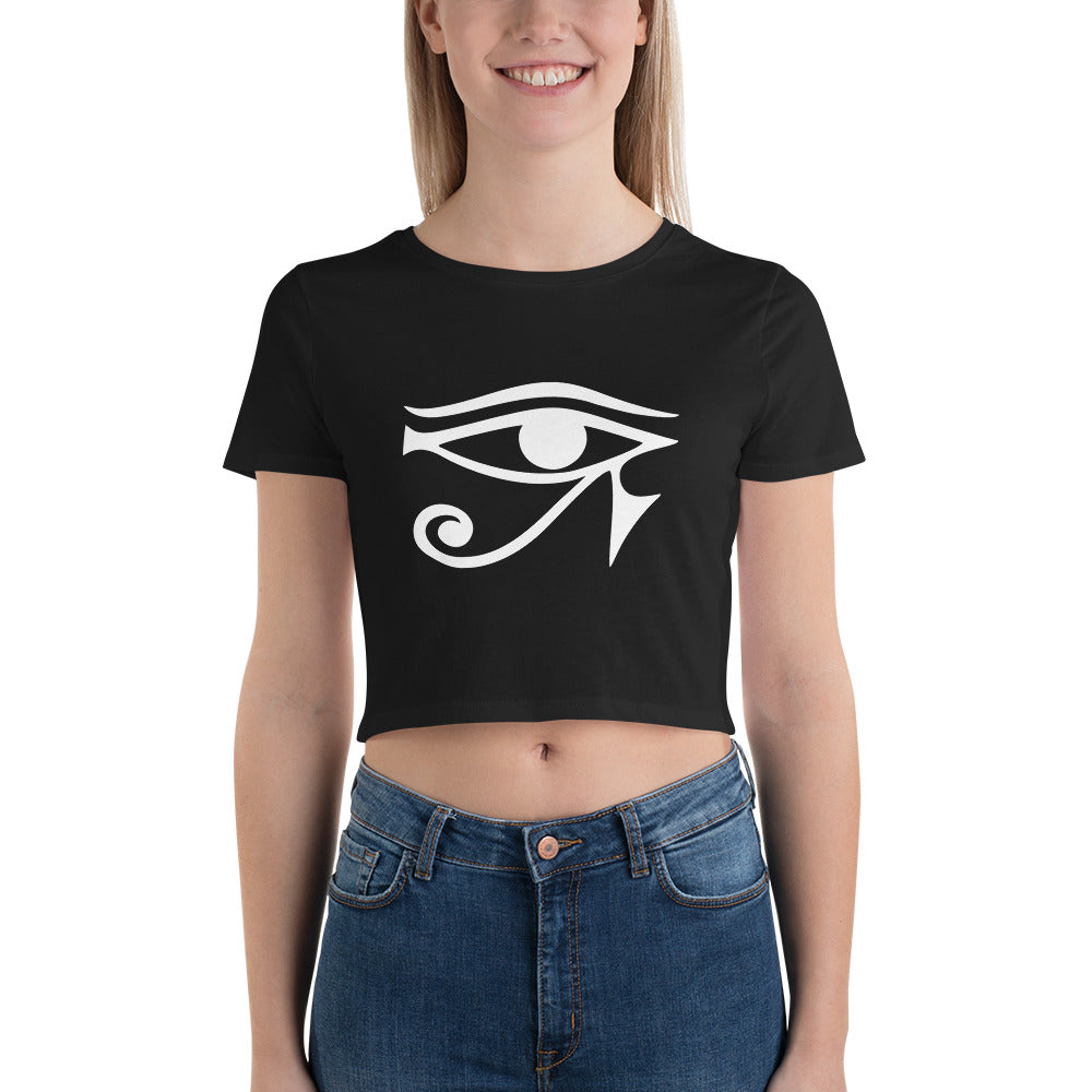 Eye of Ra Egyptian Goddess Women’s Crop Tee White Print - Edge of Life Designs