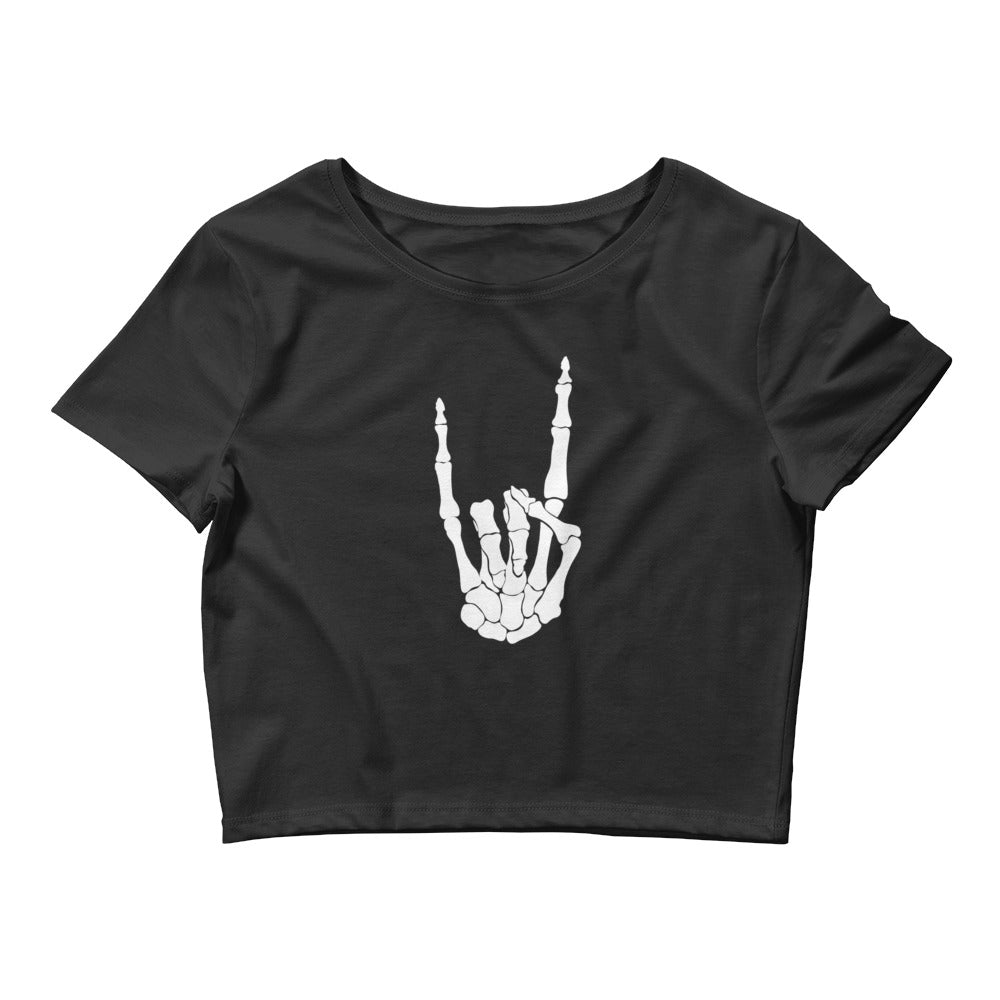 Devil Bone Hand Heavy Metal Horns Up Sign Women’s Crop Tee White Print - Edge of Life Designs