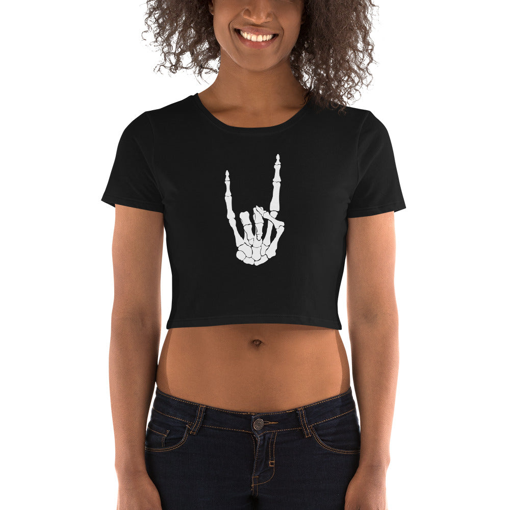 Devil Bone Hand Heavy Metal Horns Up Sign Women’s Crop Tee White Print - Edge of Life Designs