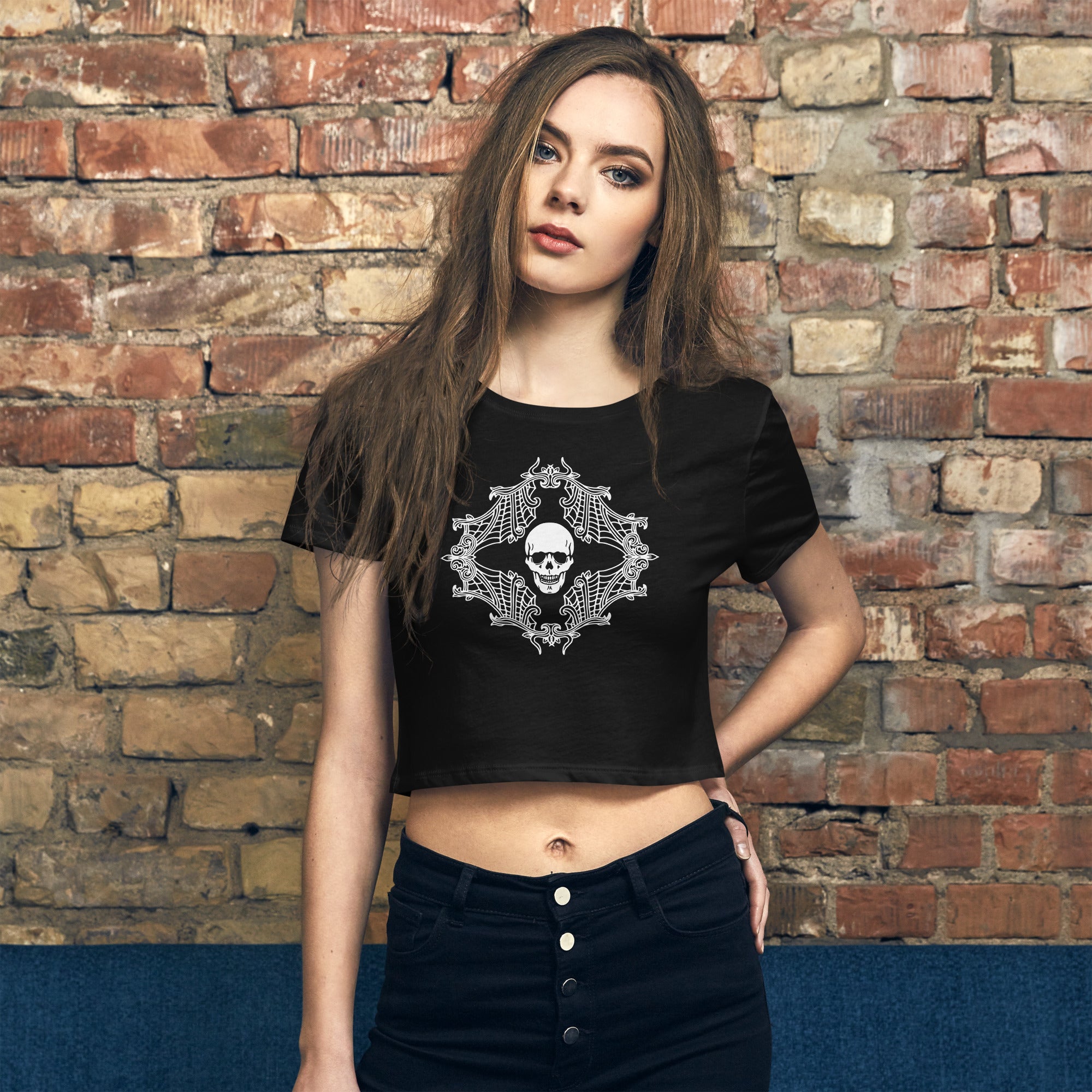 Spider Web Gothic Cobweb Skull Women’s Crop Tee