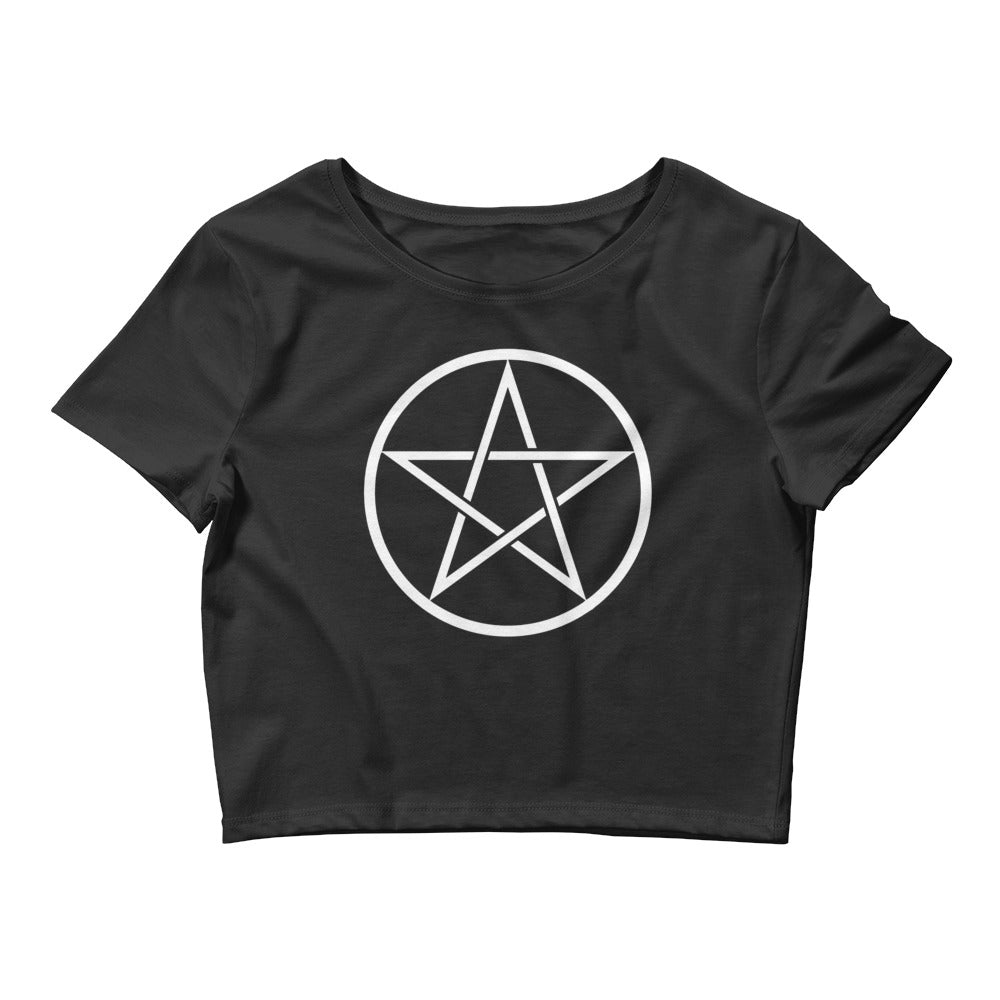 White Goth Wiccan Woven Pentagram Women’s Crop Tee