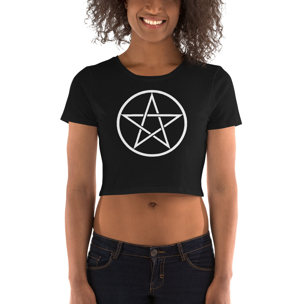 White Goth Wiccan Woven Pentagram Women’s Crop Tee