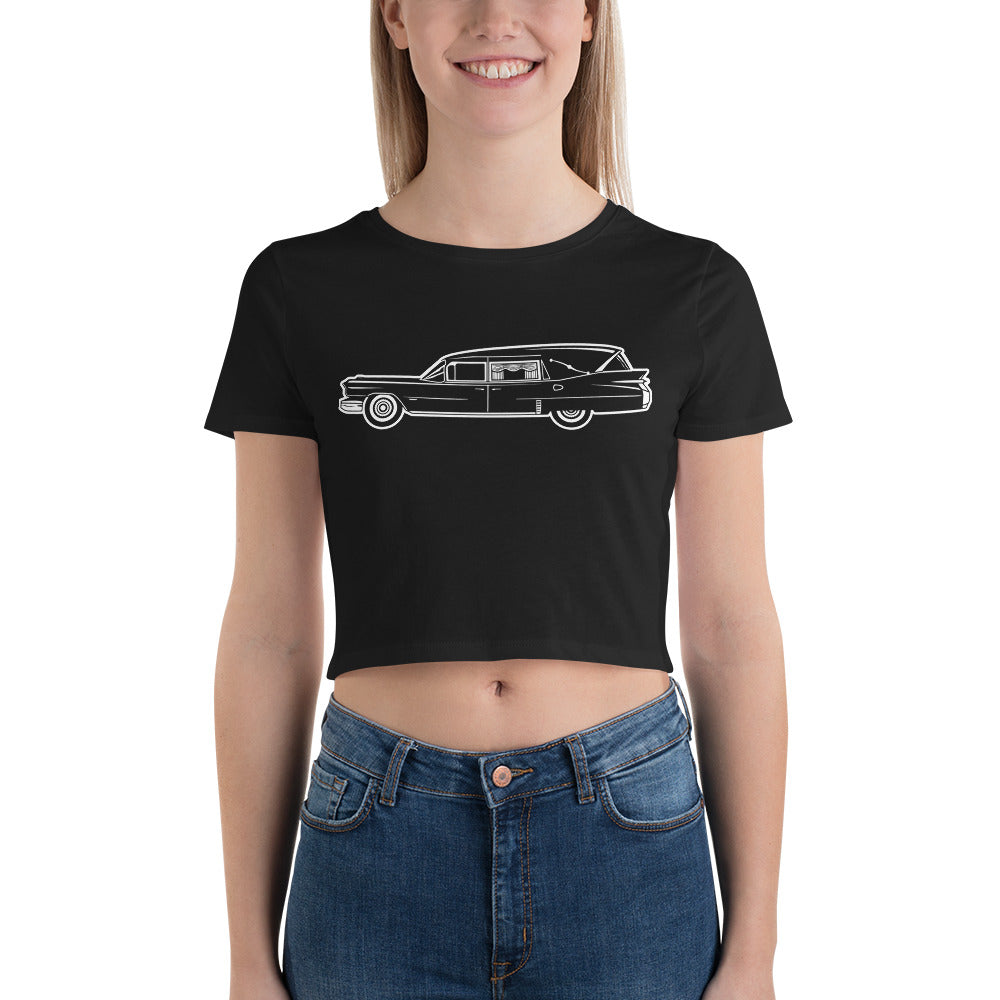 Classic Funeral Hearse Car Gothic Halloween Ride Women’s Crop Tee