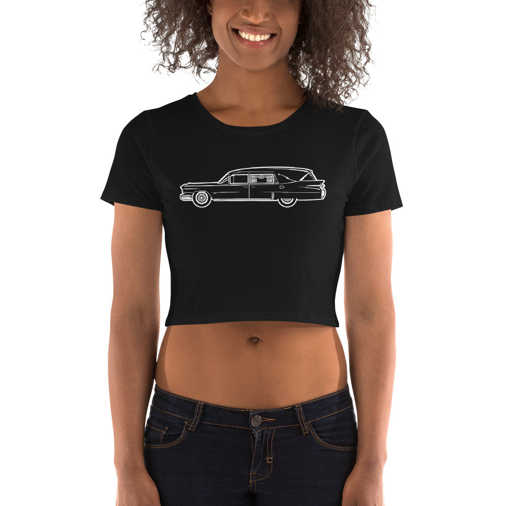 Classic Funeral Hearse Car Gothic Halloween Ride Women’s Crop Tee